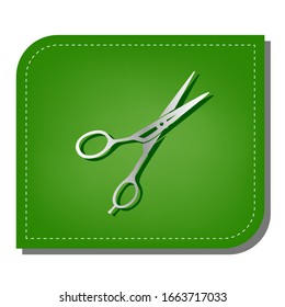 Hair cutting scissors sign. Silver gradient line icon with dark green shadow at ecological patched green leaf. Illustration.