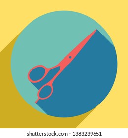 Hair cutting scissors sign. Sunset orange icon with llapis lazuli shadow inside medium aquamarine circle with different goldenrod shadow at royal yellow background.