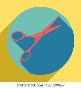 Hair cutting scissors sign. Sunset orange icon with llapis lazuli shadow inside medium aquamarine circle with different goldenrod shadow at royal yellow background.