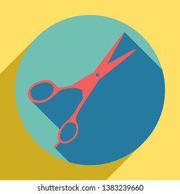 Hair cutting scissors sign. Sunset orange icon with llapis lazuli shadow inside medium aquamarine circle with different goldenrod shadow at royal yellow background.