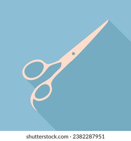 Hair cutting scissors sign. Unbleached silk Icon with very long shadow at dark sky blue background. Illustration.