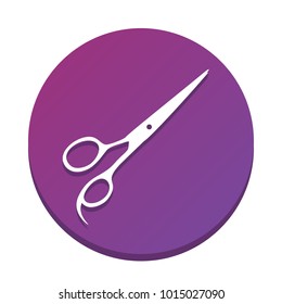 Hair cutting scissors sign. Vector. White icon with flat shadow on purpureus circle at white background. Isolated.