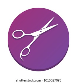 Hair cutting scissors sign. Vector. White icon with flat shadow on purpureus circle at white background. Isolated.