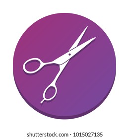 Hair cutting scissors sign. Vector. White icon with flat shadow on purpureus circle at white background. Isolated.