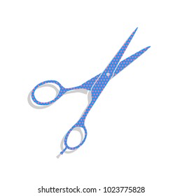 Hair cutting scissors sign. Vector. Neon blue icon with cyclamen polka dots pattern with light gray shadow on white background. Isolated.