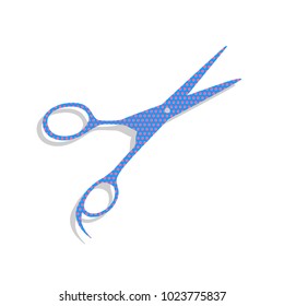 Hair cutting scissors sign. Vector. Neon blue icon with cyclamen polka dots pattern with light gray shadow on white background. Isolated.