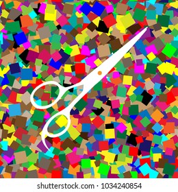 Hair cutting scissors sign. Vector. White icon on colorful background with seamless pattern from squares.