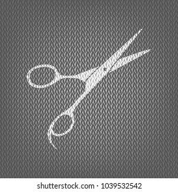 Hair cutting scissors sign. Vector. White knitted icon on gray knitted background. Isolated.
