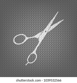 Hair cutting scissors sign. Vector. White knitted icon on gray knitted background. Isolated.