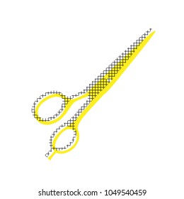 Hair cutting scissors sign. Vector. Yellow icon with square pattern duplicate at white background. Isolated.