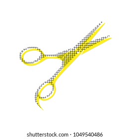 Hair cutting scissors sign. Vector. Yellow icon with square pattern duplicate at white background. Isolated.