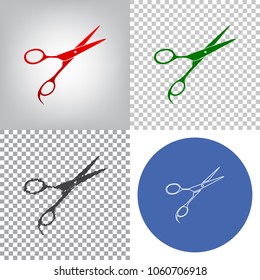 Hair cutting scissors sign. Vector. 4 styles. Red gradient in radial lighted background, green flat and gray scribble icons on transparent and linear one in blue circle.