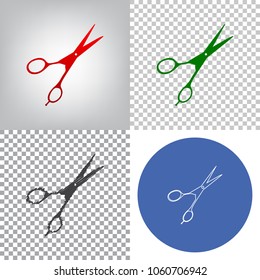 Hair cutting scissors sign. Vector. 4 styles. Red gradient in radial lighted background, green flat and gray scribble icons on transparent and linear one in blue circle.