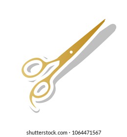 Hair cutting scissors sign. Vector. Golden gradient icon with white contour and rotated gray shadow at white background.