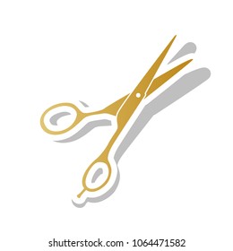 Hair cutting scissors sign. Vector. Golden gradient icon with white contour and rotated gray shadow at white background.