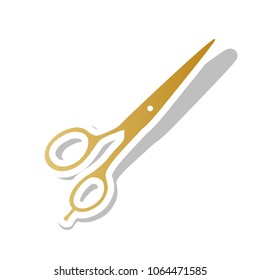 Hair cutting scissors sign. Vector. Golden gradient icon with white contour and rotated gray shadow at white background.