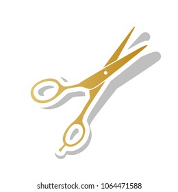 Hair cutting scissors sign. Vector. Golden gradient icon with white contour and rotated gray shadow at white background.