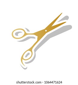 Hair cutting scissors sign. Vector. Golden gradient icon with white contour and rotated gray shadow at white background.