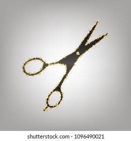 Hair cutting scissors sign. Vector. Blackish icon with golden stars at grayish background.