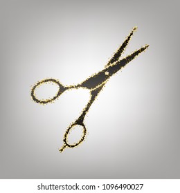 Hair cutting scissors sign. Vector. Blackish icon with golden stars at grayish background.