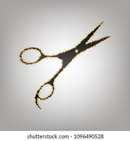 Hair cutting scissors sign. Vector. Blackish icon with golden stars at grayish background.
