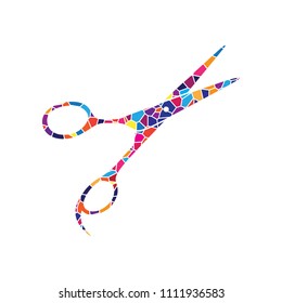 Hair cutting scissors sign. Vector. Stained glass icon on white background. Colorful polygons. Isolated.