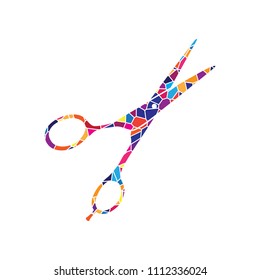 Hair cutting scissors sign. Vector. Stained glass icon on white background. Colorful polygons. Isolated.