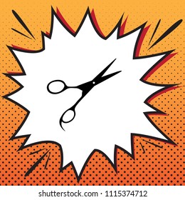 Hair cutting scissors sign. Vector. Comics style icon on pop-art background.
