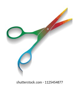 Hair cutting scissors sign. Vector. Colorful icon with bright texture of mosaic with soft shadow on white background. Isolated.
