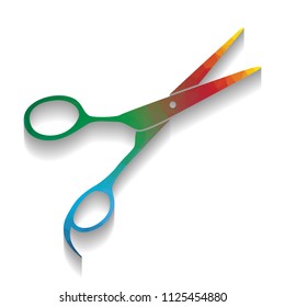 Hair cutting scissors sign. Vector. Colorful icon with bright texture of mosaic with soft shadow on white background. Isolated.