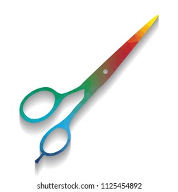 Hair cutting scissors sign. Vector. Colorful icon with bright texture of mosaic with soft shadow on white background. Isolated.