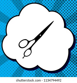 Hair cutting scissors sign. Vector. Black icon in bubble on blue pop-art background with rays.