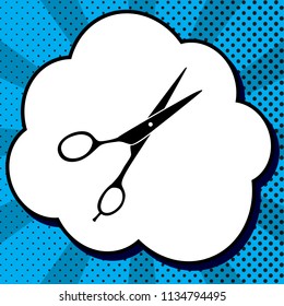 Hair cutting scissors sign. Vector. Black icon in bubble on blue pop-art background with rays.