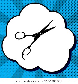 Hair cutting scissors sign. Vector. Black icon in bubble on blue pop-art background with rays.