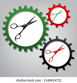 Hair cutting scissors sign. Vector. Three connected gears with icons at grayish background.