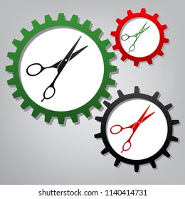Hair cutting scissors sign. Vector. Three connected gears with icons at grayish background.