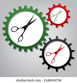 Hair cutting scissors sign. Vector. Three connected gears with icons at grayish background.