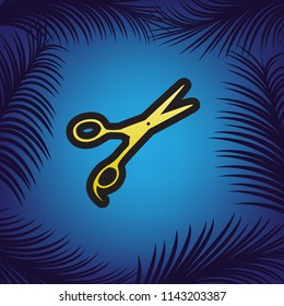 Hair cutting scissors sign. Vector. Golden icon with black contour at blue background with branches of palm trees.