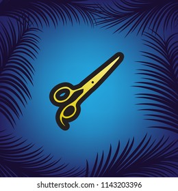 Hair cutting scissors sign. Vector. Golden icon with black contour at blue background with branches of palm trees.