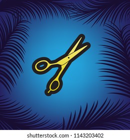 Hair cutting scissors sign. Vector. Golden icon with black contour at blue background with branches of palm trees.