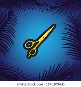 Hair cutting scissors sign. Vector. Golden icon with black contour at blue background with branches of palm trees.