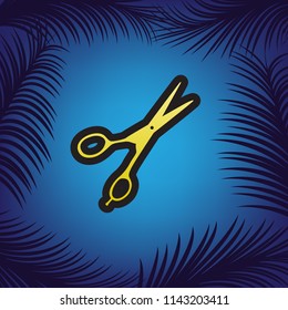 Hair cutting scissors sign. Vector. Golden icon with black contour at blue background with branches of palm trees.