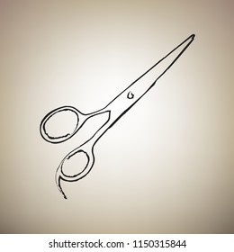 Hair cutting scissors sign. Vector. Brush drawed black icon at light brown background.