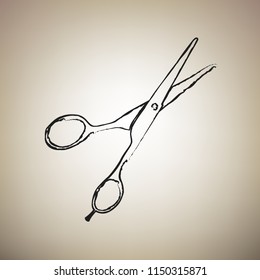 Hair cutting scissors sign. Vector. Brush drawed black icon at light brown background.