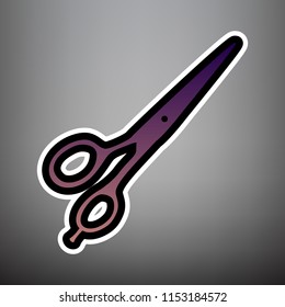 Hair cutting scissors sign. Vector. Violet gradient icon with black and white linear edges at gray background.