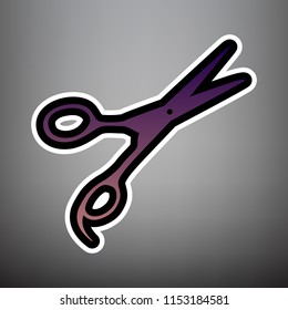 Hair cutting scissors sign. Vector. Violet gradient icon with black and white linear edges at gray background.