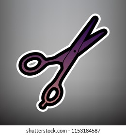 Hair cutting scissors sign. Vector. Violet gradient icon with black and white linear edges at gray background.