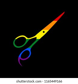 Hair cutting scissors sign. Vector. Icon with colors of LGBT flag at black background.