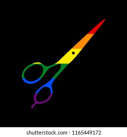 Hair cutting scissors sign. Vector. Icon with colors of LGBT flag at black background.