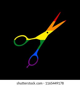 Hair cutting scissors sign. Vector. Icon with colors of LGBT flag at black background.